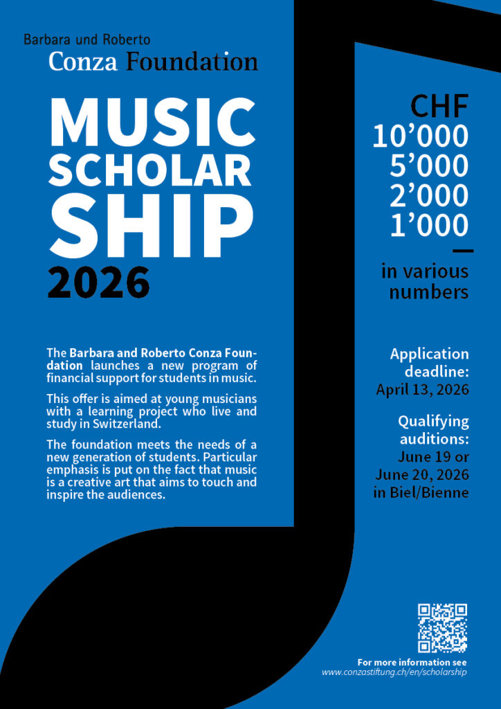 Ein Werbeflyer für das Musikstipendium 2026 der Barbara und Roberto Conza Stiftung